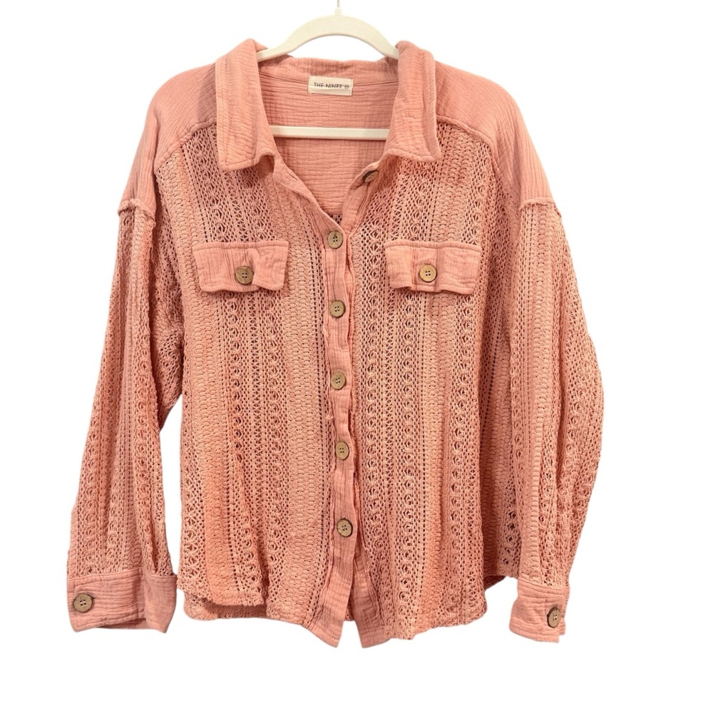 Light Pink Crochet Button-Up Blouse | 2X